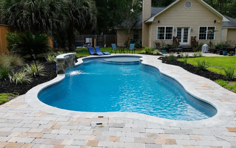 Beautiful fiberglass pool at sunset